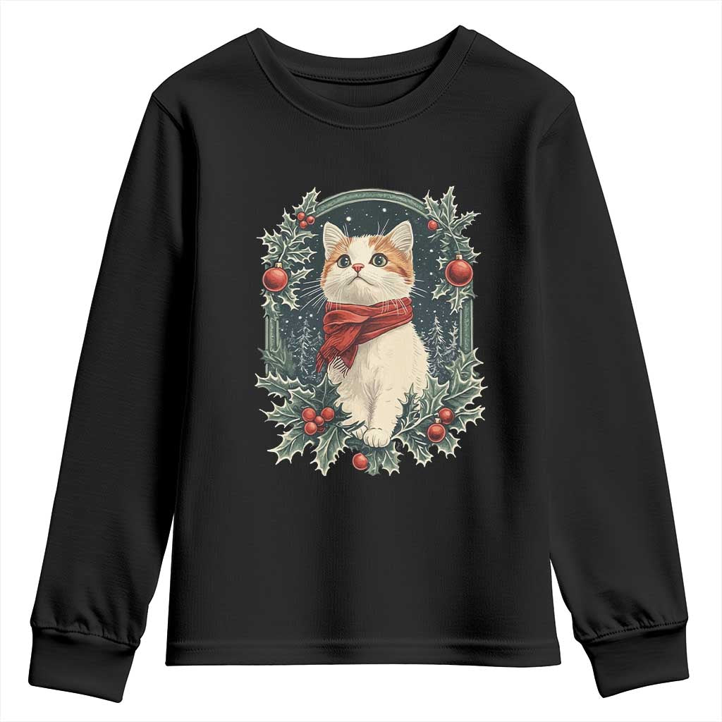 Christmas Cat Youth Sweatshirt Vintage Kitten Victorian Royal Holly TS09 Black Print Your Wear
