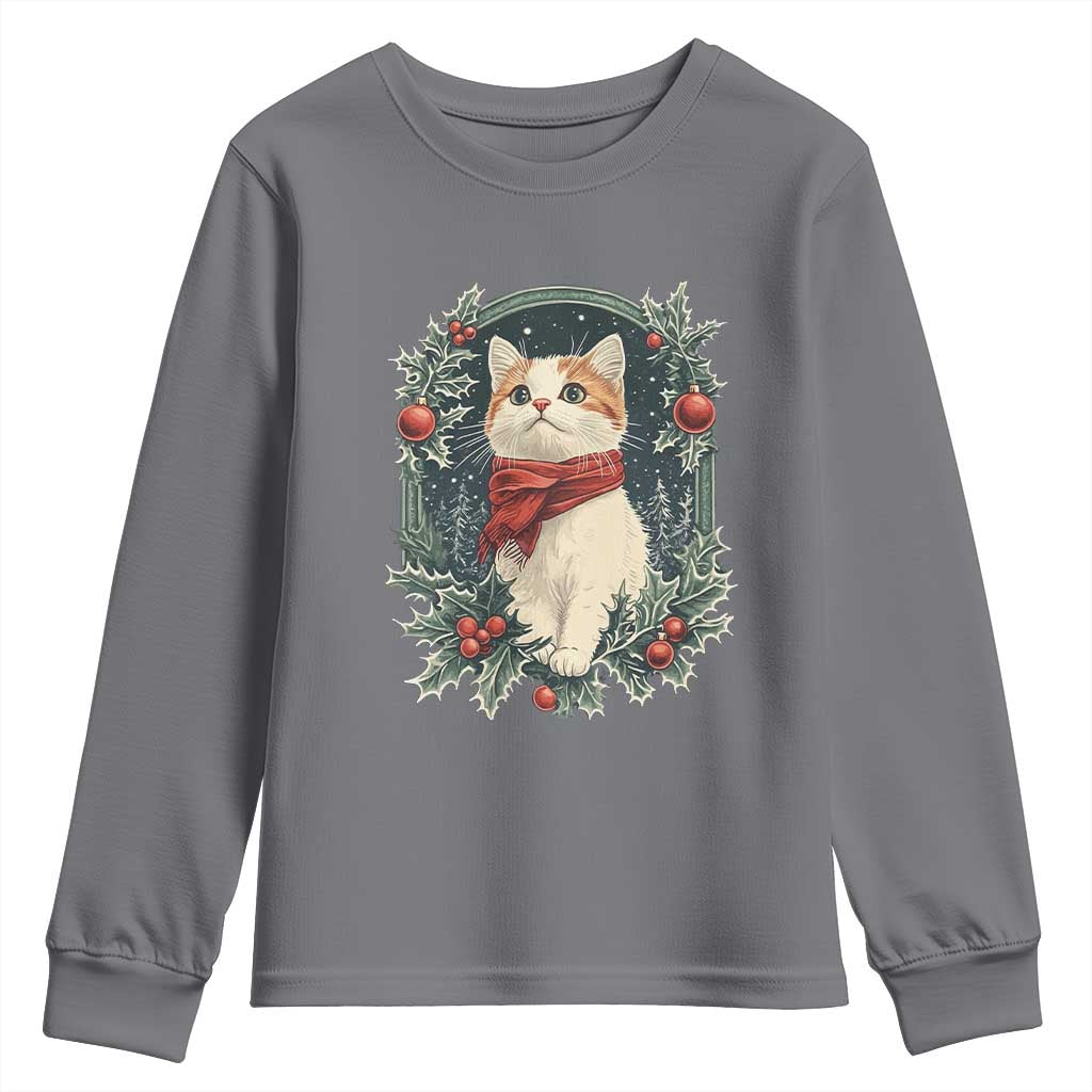 Christmas Cat Youth Sweatshirt Vintage Kitten Victorian Royal Holly TS09 Charcoal Print Your Wear