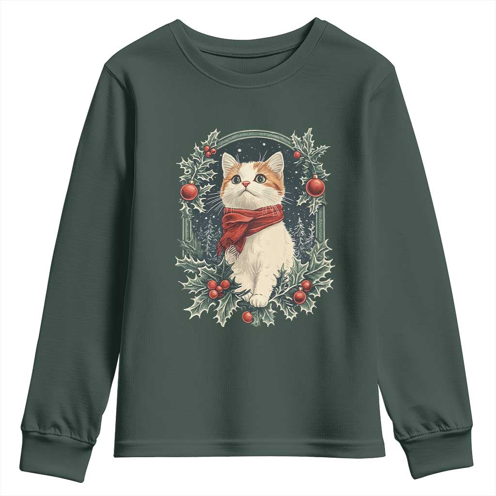 Christmas Cat Youth Sweatshirt Vintage Kitten Victorian Royal Holly TS09 Dark Forest Green Print Your Wear