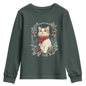 Christmas Cat Youth Sweatshirt Vintage Kitten Victorian Royal Holly TS09 Dark Forest Green Print Your Wear