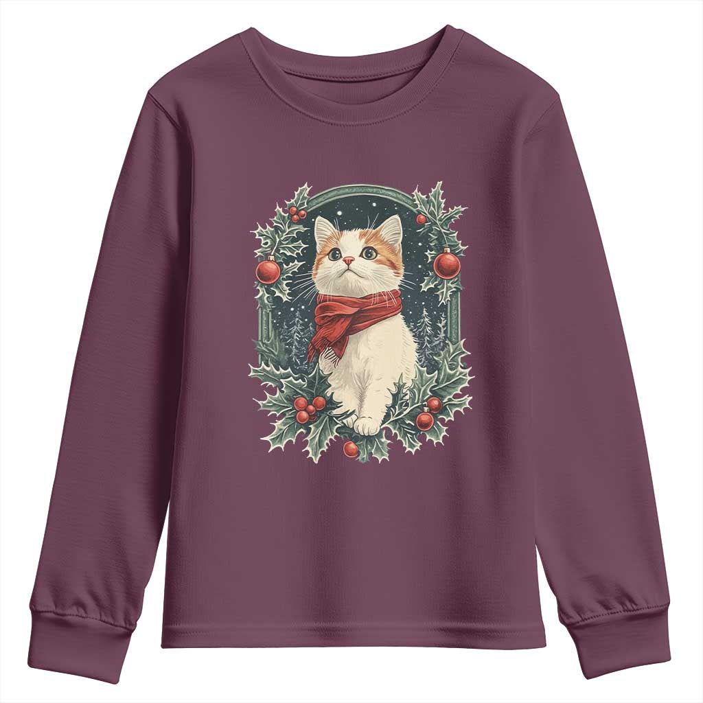 Christmas Cat Youth Sweatshirt Vintage Kitten Victorian Royal Holly TS09 Maroon Print Your Wear