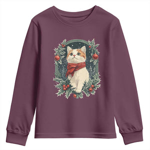 Christmas Cat Youth Sweatshirt Vintage Kitten Victorian Royal Holly TS09 Maroon Print Your Wear