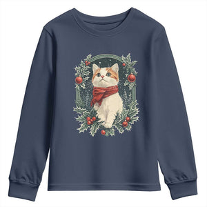 Christmas Cat Youth Sweatshirt Vintage Kitten Victorian Royal Holly TS09 Navy Print Your Wear