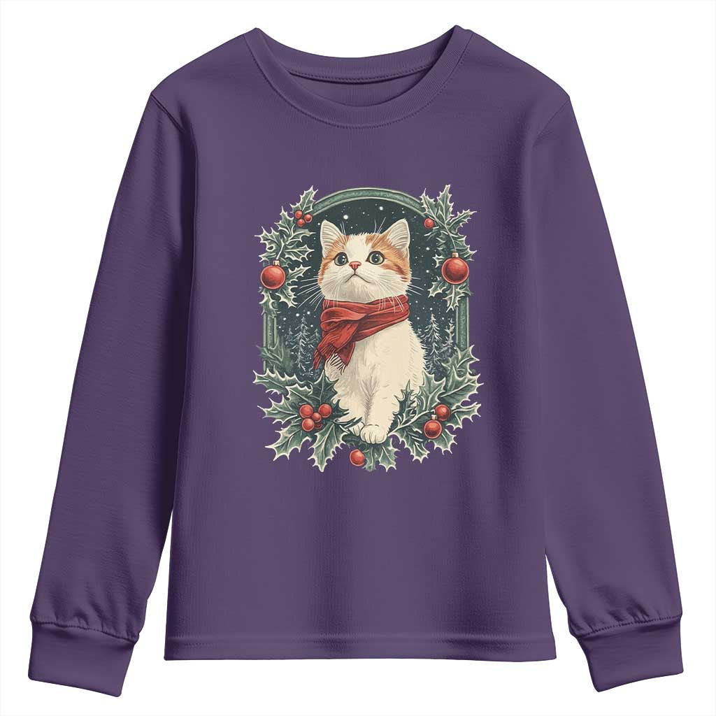 Christmas Cat Youth Sweatshirt Vintage Kitten Victorian Royal Holly TS09 Purple Print Your Wear