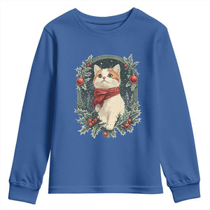 Christmas Cat Youth Sweatshirt Vintage Kitten Victorian Royal Holly TS09 Royal Blue Print Your Wear