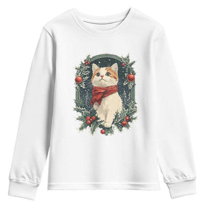 Christmas Cat Youth Sweatshirt Vintage Kitten Victorian Royal Holly TS09 White Print Your Wear