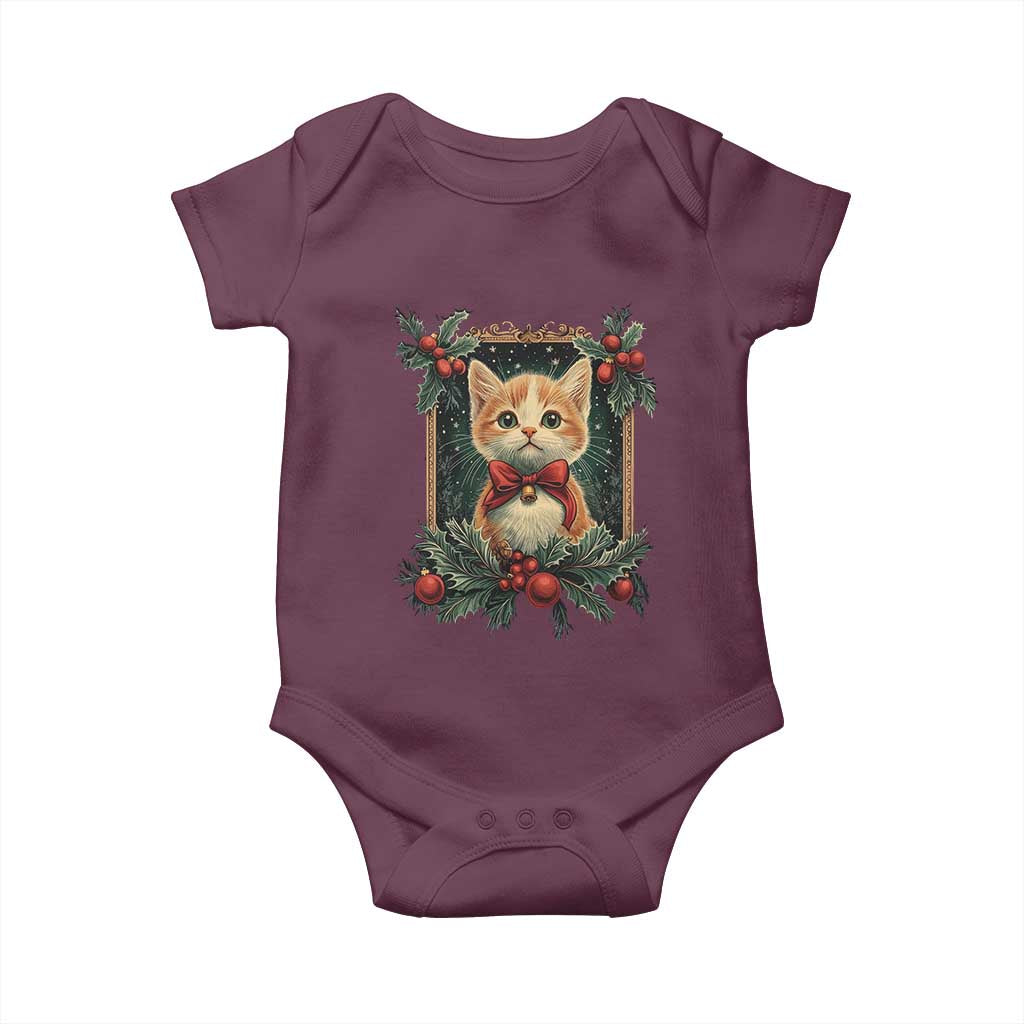 Christmas Cat Baby Onesie Vintage Kitten Royal Victorian Holly Wreath TS09 Maroon Print Your Wear