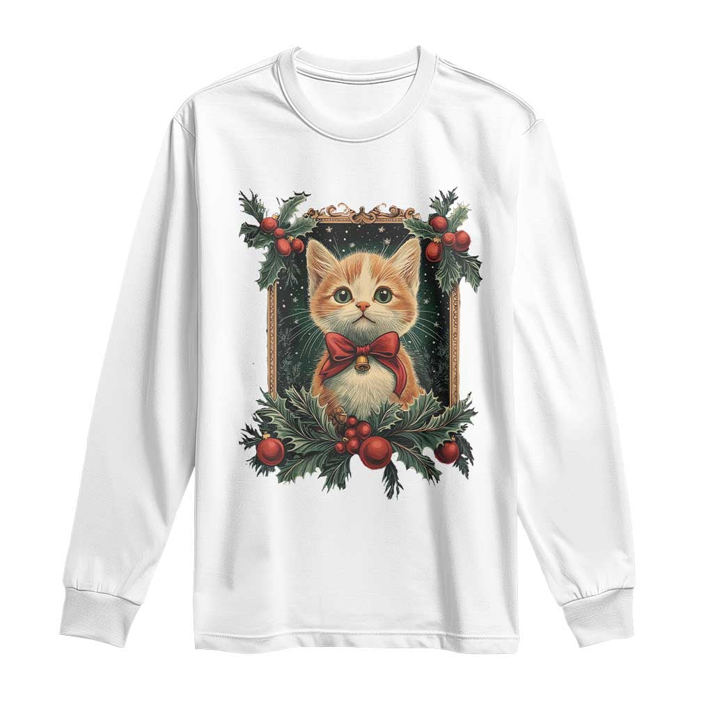 Christmas Cat Long Sleeve Shirt Vintage Kitten Royal Victorian Holly Wreath TS09 White Print Your Wear
