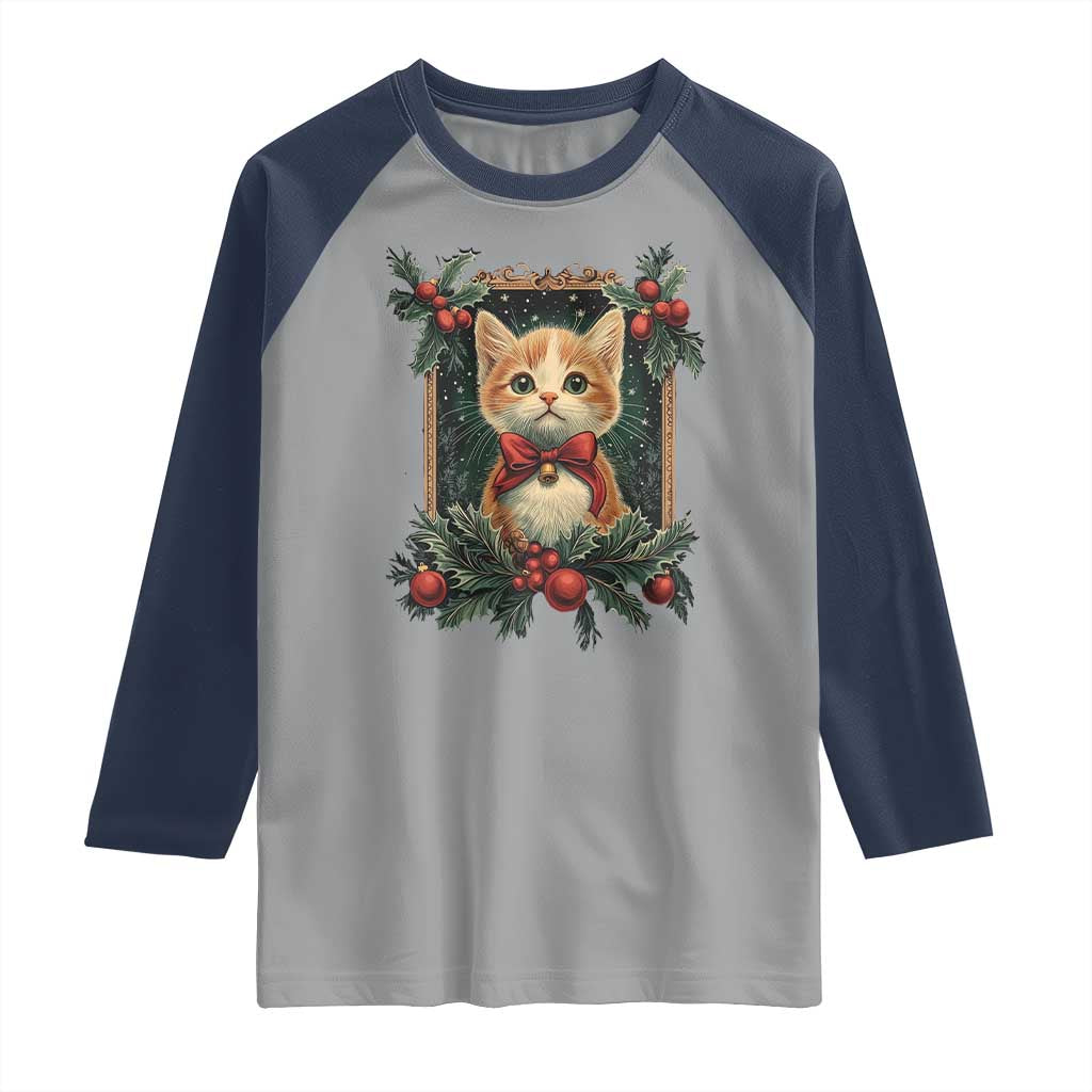 Christmas Cat Raglan Shirt Vintage Kitten Royal Victorian Holly Wreath TS09 Sport Gray Navy Print Your Wear