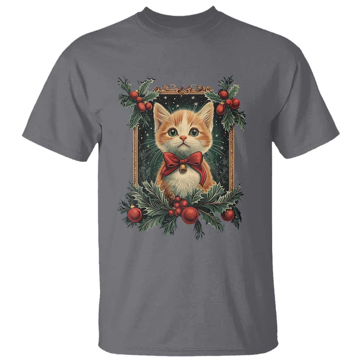 Christmas Cat T Shirt Vintage Kitten Royal Victorian Holly Wreath TS09 Charcoal Print Your Wear