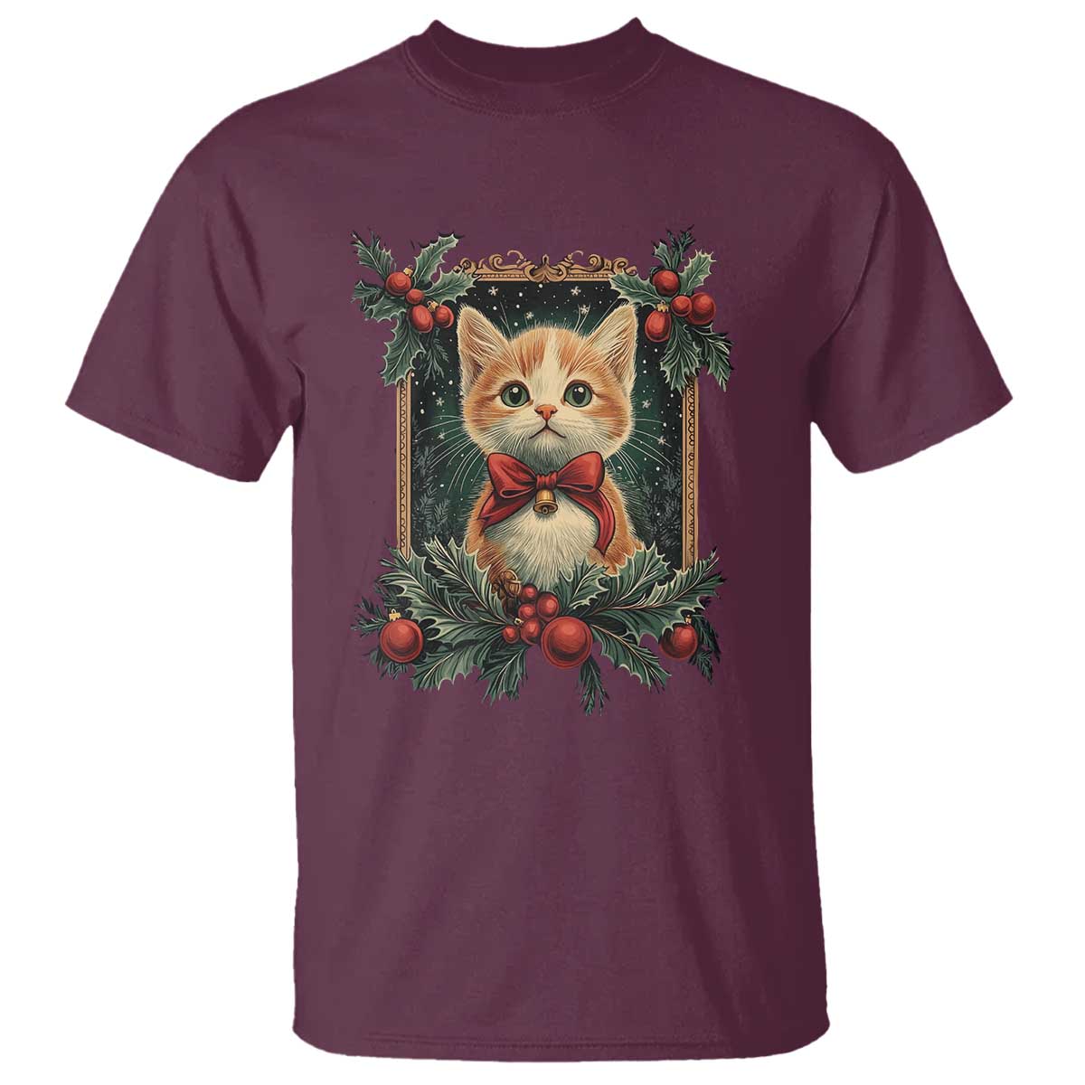 Christmas Cat T Shirt Vintage Kitten Royal Victorian Holly Wreath TS09 Maroon Print Your Wear