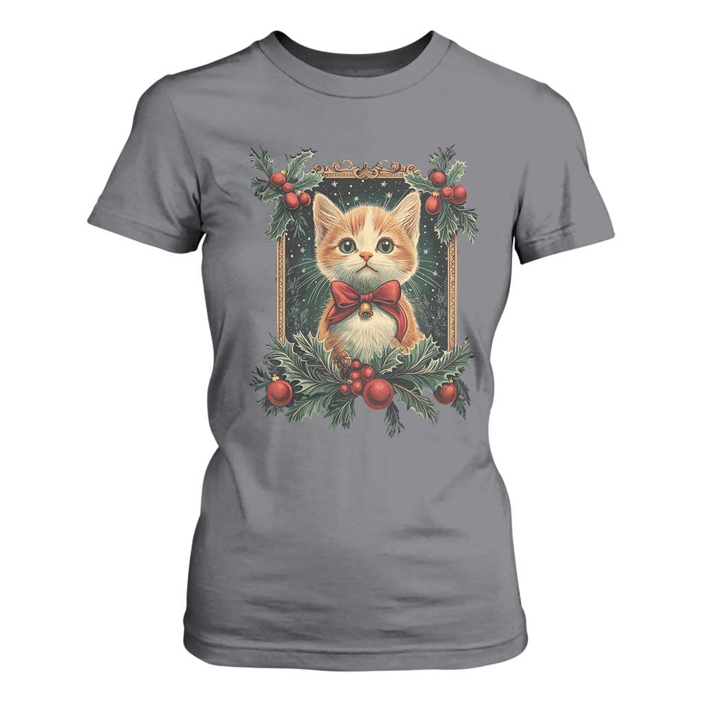 Christmas Cat T Shirt For Women Vintage Kitten Royal Victorian Holly Wreath TS09 Charcoal Print Your Wear