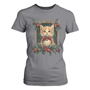 Christmas Cat T Shirt For Women Vintage Kitten Royal Victorian Holly Wreath TS09 Charcoal Print Your Wear