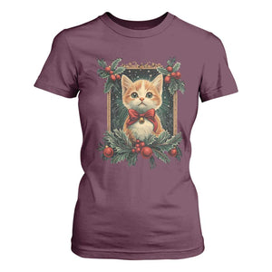 Christmas Cat T Shirt For Women Vintage Kitten Royal Victorian Holly Wreath TS09 Maroon Print Your Wear