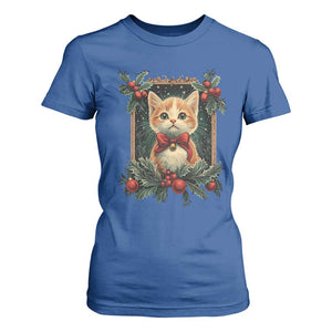 Christmas Cat T Shirt For Women Vintage Kitten Royal Victorian Holly Wreath TS09 Royal Blue Print Your Wear