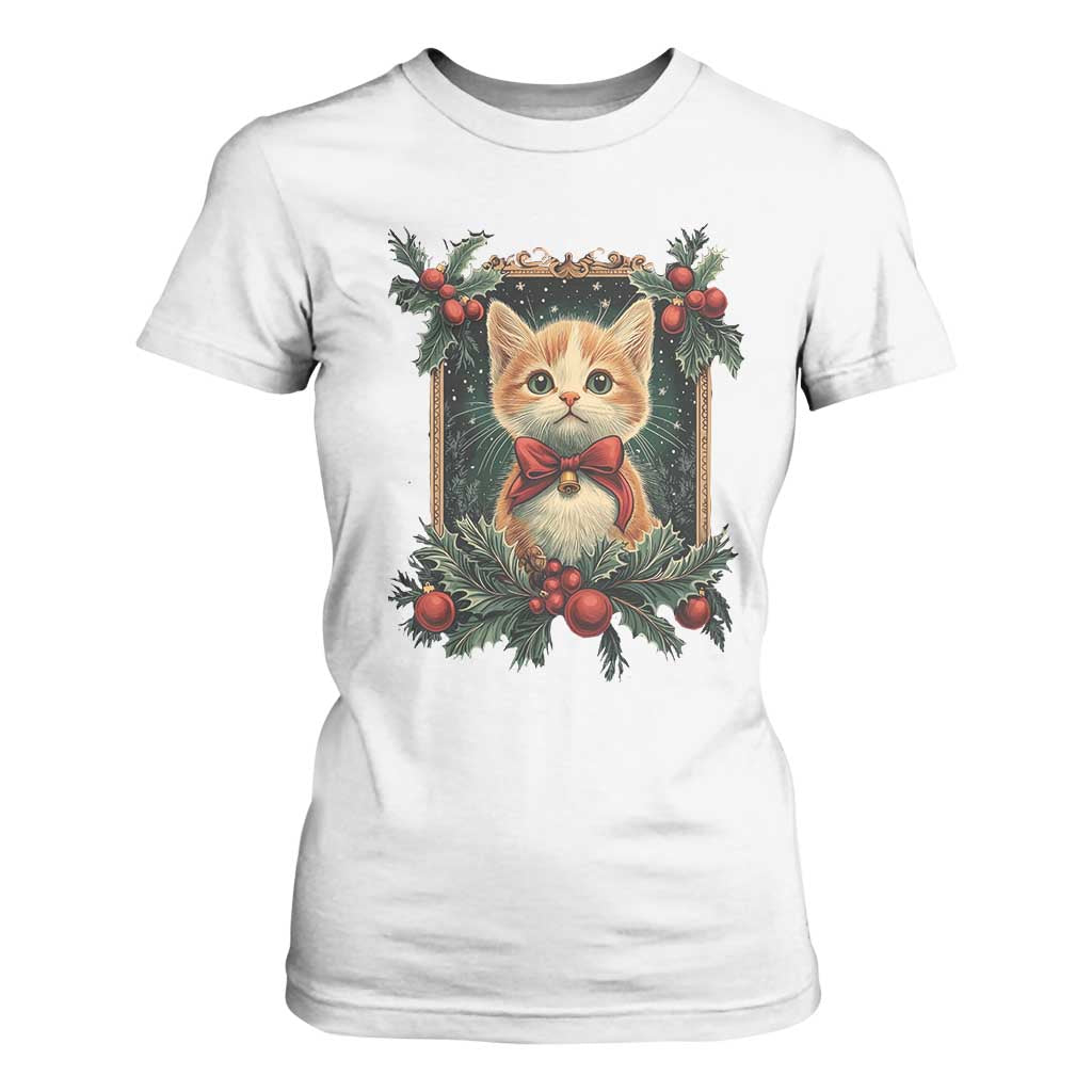 Christmas Cat T Shirt For Women Vintage Kitten Royal Victorian Holly Wreath TS09 White Print Your Wear