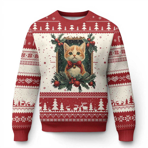 Xmas Cat Ugly Christmas Sweater Vintage Kitten Royal Victorian Holly Wreath  - PrintYourWear