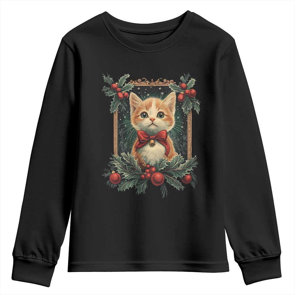 Christmas Cat Youth Sweatshirt Vintage Kitten Royal Victorian Holly Wreath TS09 Black Print Your Wear