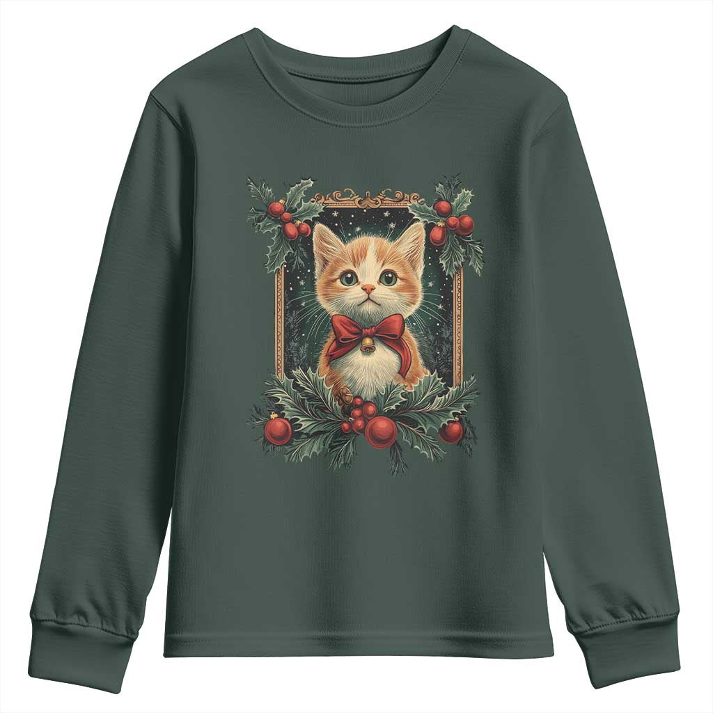 Christmas Cat Youth Sweatshirt Vintage Kitten Royal Victorian Holly Wreath TS09 Dark Forest Green Print Your Wear