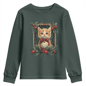Christmas Cat Youth Sweatshirt Vintage Kitten Royal Victorian Holly Wreath TS09 Dark Forest Green Print Your Wear