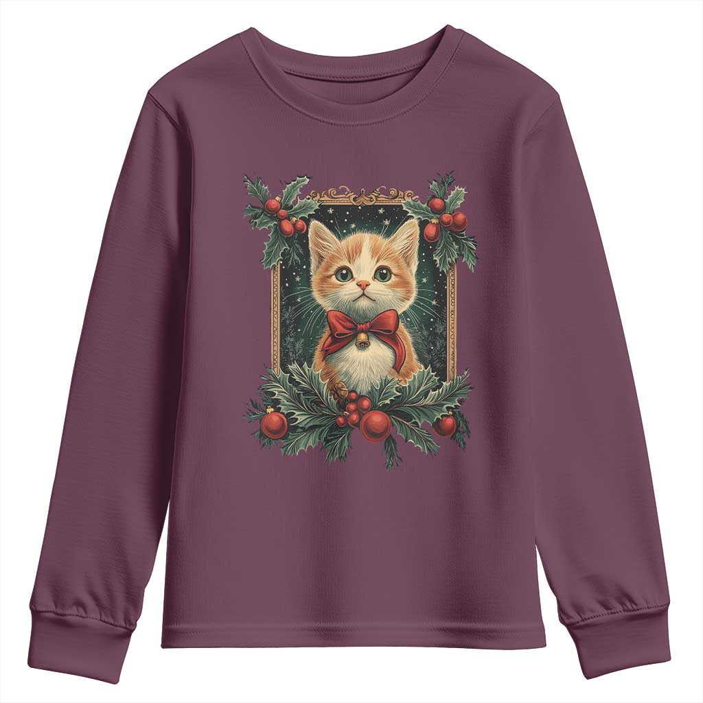 Christmas Cat Youth Sweatshirt Vintage Kitten Royal Victorian Holly Wreath TS09 Maroon Print Your Wear