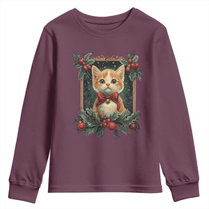 Christmas Cat Youth Sweatshirt Vintage Kitten Royal Victorian Holly Wreath TS09 Maroon Print Your Wear