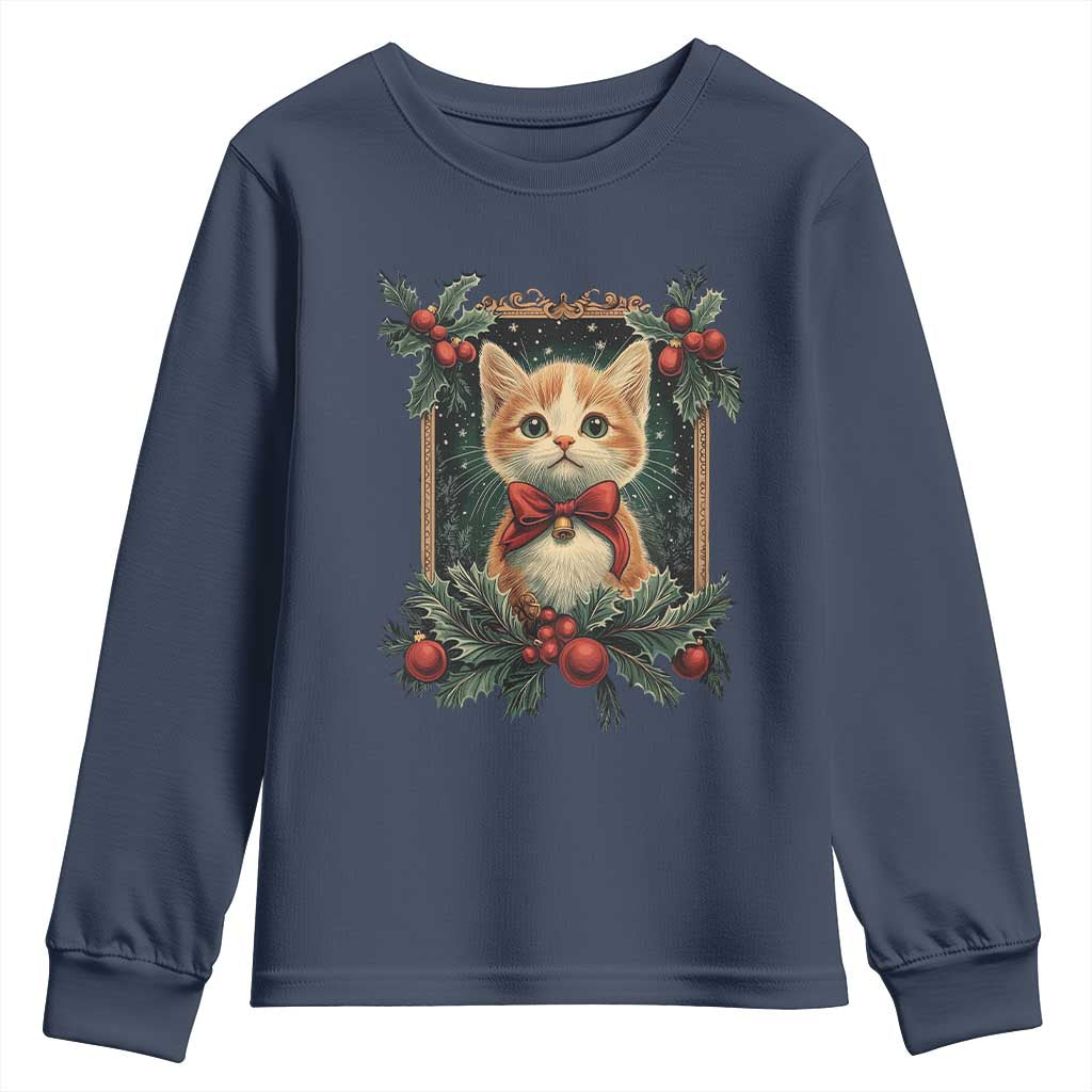 Christmas Cat Youth Sweatshirt Vintage Kitten Royal Victorian Holly Wreath TS09 Navy Print Your Wear