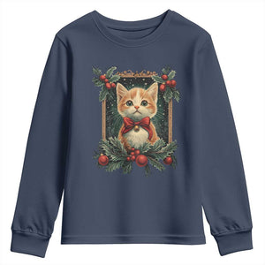 Christmas Cat Youth Sweatshirt Vintage Kitten Royal Victorian Holly Wreath TS09 Navy Print Your Wear