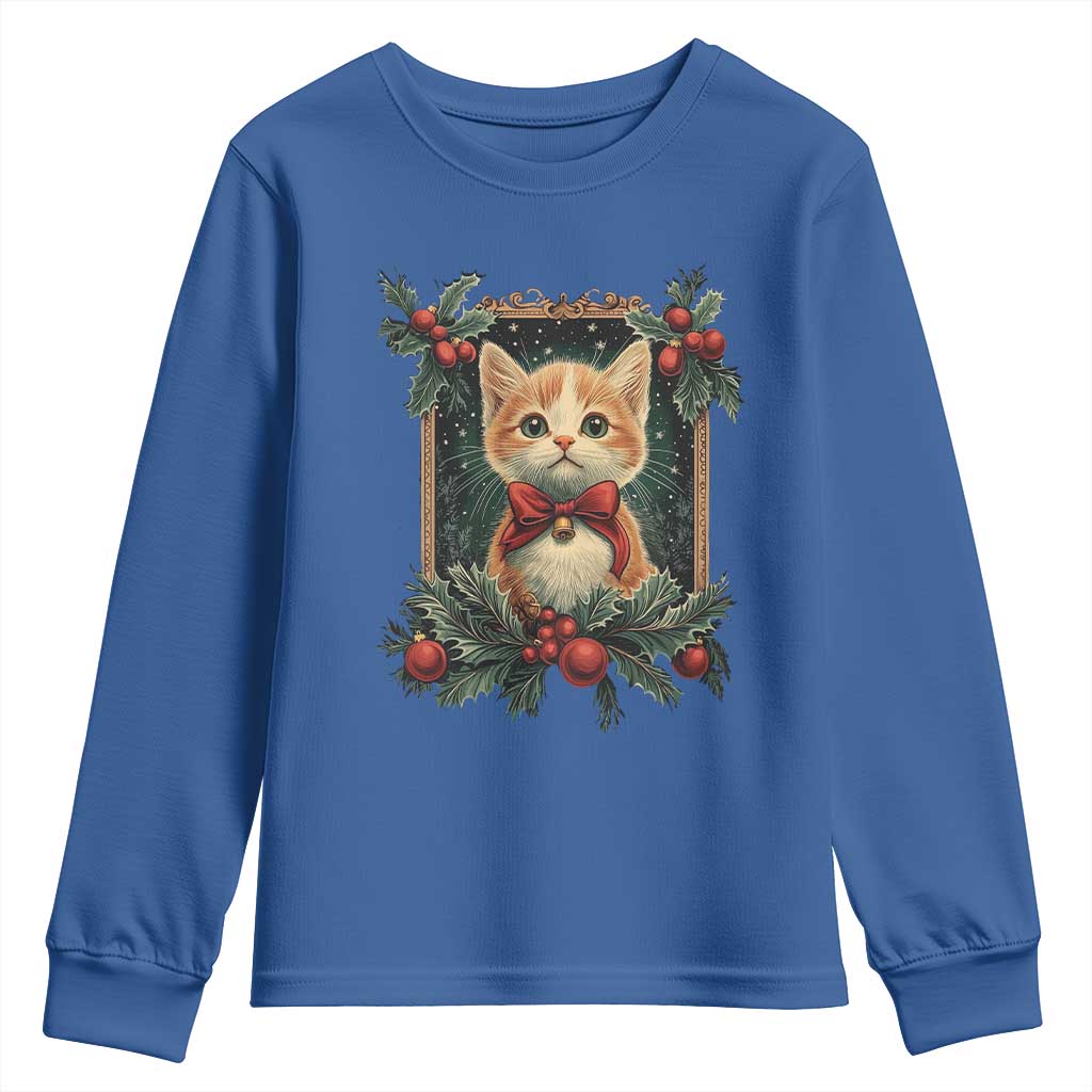 Christmas Cat Youth Sweatshirt Vintage Kitten Royal Victorian Holly Wreath TS09 Royal Blue Print Your Wear