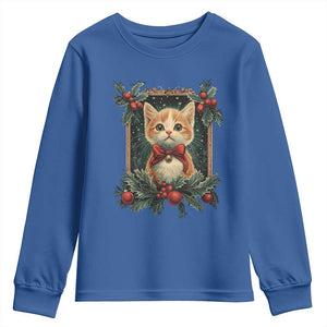 Christmas Cat Youth Sweatshirt Vintage Kitten Royal Victorian Holly Wreath TS09 Royal Blue Print Your Wear