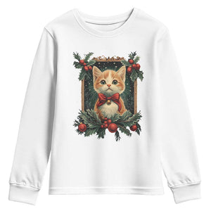 Christmas Cat Youth Sweatshirt Vintage Kitten Royal Victorian Holly Wreath TS09 White Print Your Wear