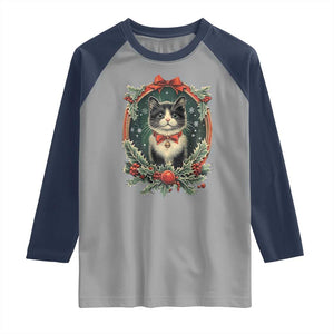 Christmas Cat Raglan Shirt Vintage Kitten Royal Holly Victorian Wreath TS09 Sport Gray Navy Print Your Wear