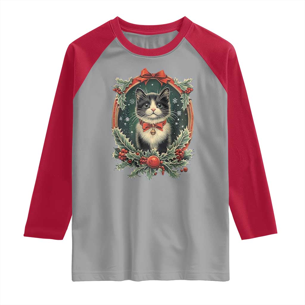 Christmas Cat Raglan Shirt Vintage Kitten Royal Holly Victorian Wreath TS09 Sport Gray Red Print Your Wear