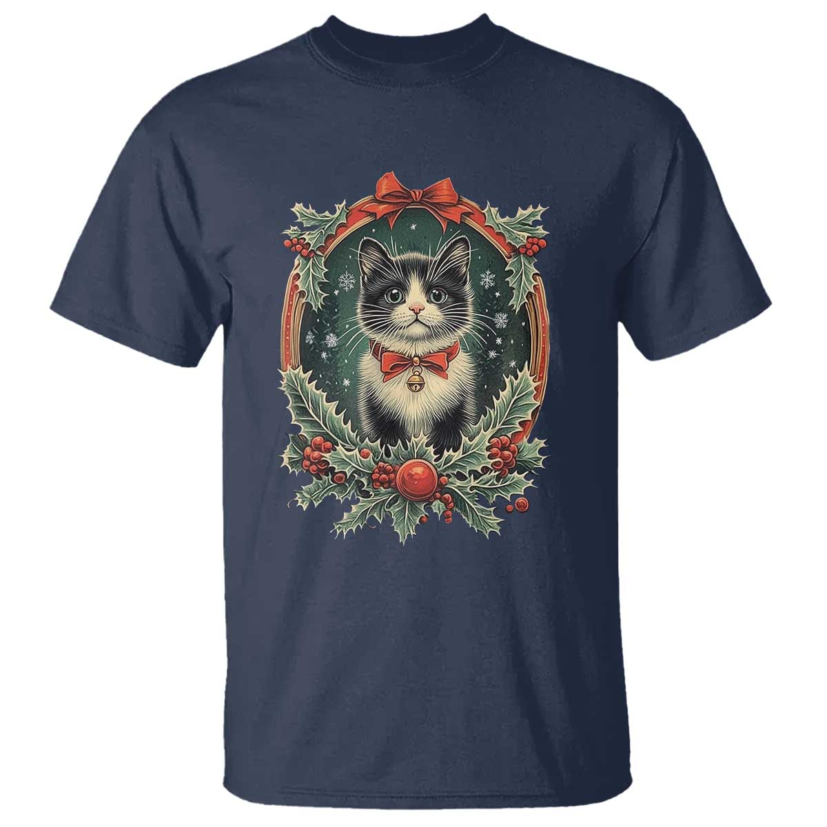 Christmas Cat T Shirt Vintage Kitten Royal Holly Victorian Wreath TS09 Navy Print Your Wear