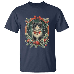 Christmas Cat T Shirt Vintage Kitten Royal Holly Victorian Wreath TS09 Navy Print Your Wear