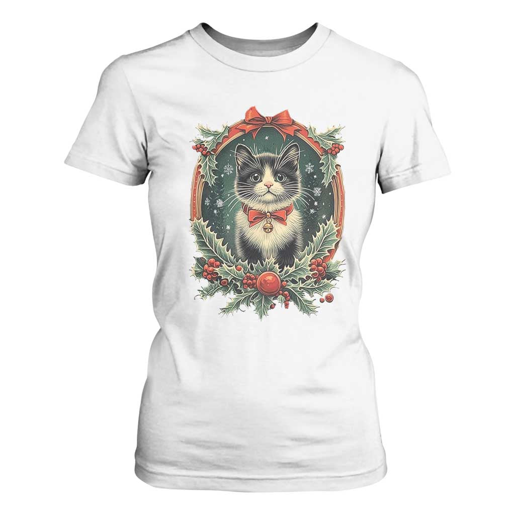 Christmas Cat T Shirt For Women Vintage Kitten Royal Holly Victorian Wreath TS09 White Print Your Wear