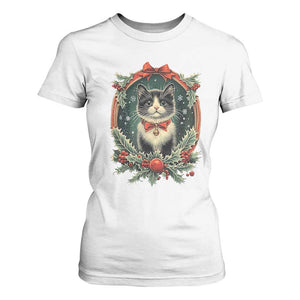 Christmas Cat T Shirt For Women Vintage Kitten Royal Holly Victorian Wreath TS09 White Print Your Wear