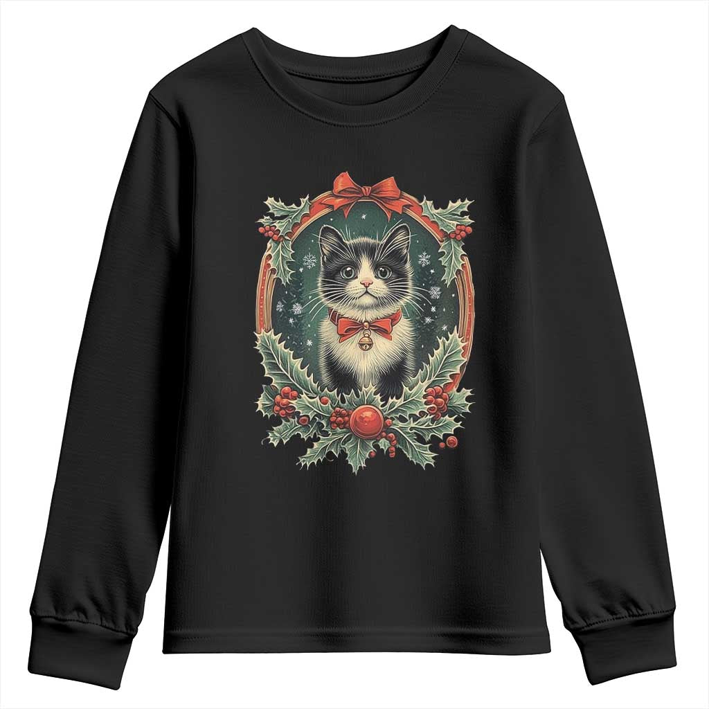 Christmas Cat Youth Sweatshirt Vintage Kitten Royal Holly Victorian Wreath TS09 Black Print Your Wear