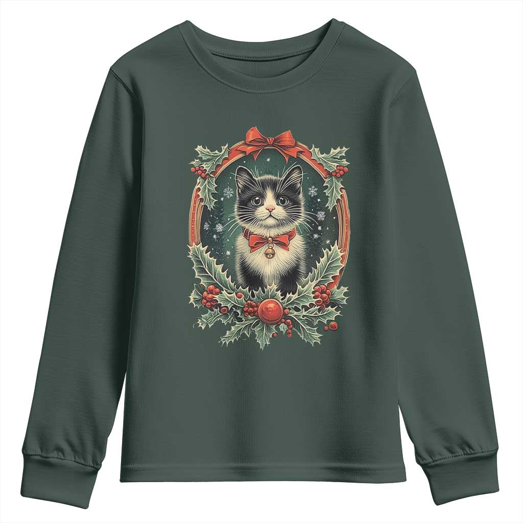 Christmas Cat Youth Sweatshirt Vintage Kitten Royal Holly Victorian Wreath TS09 Dark Forest Green Print Your Wear
