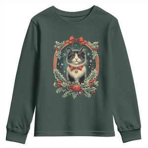 Christmas Cat Youth Sweatshirt Vintage Kitten Royal Holly Victorian Wreath TS09 Dark Forest Green Print Your Wear