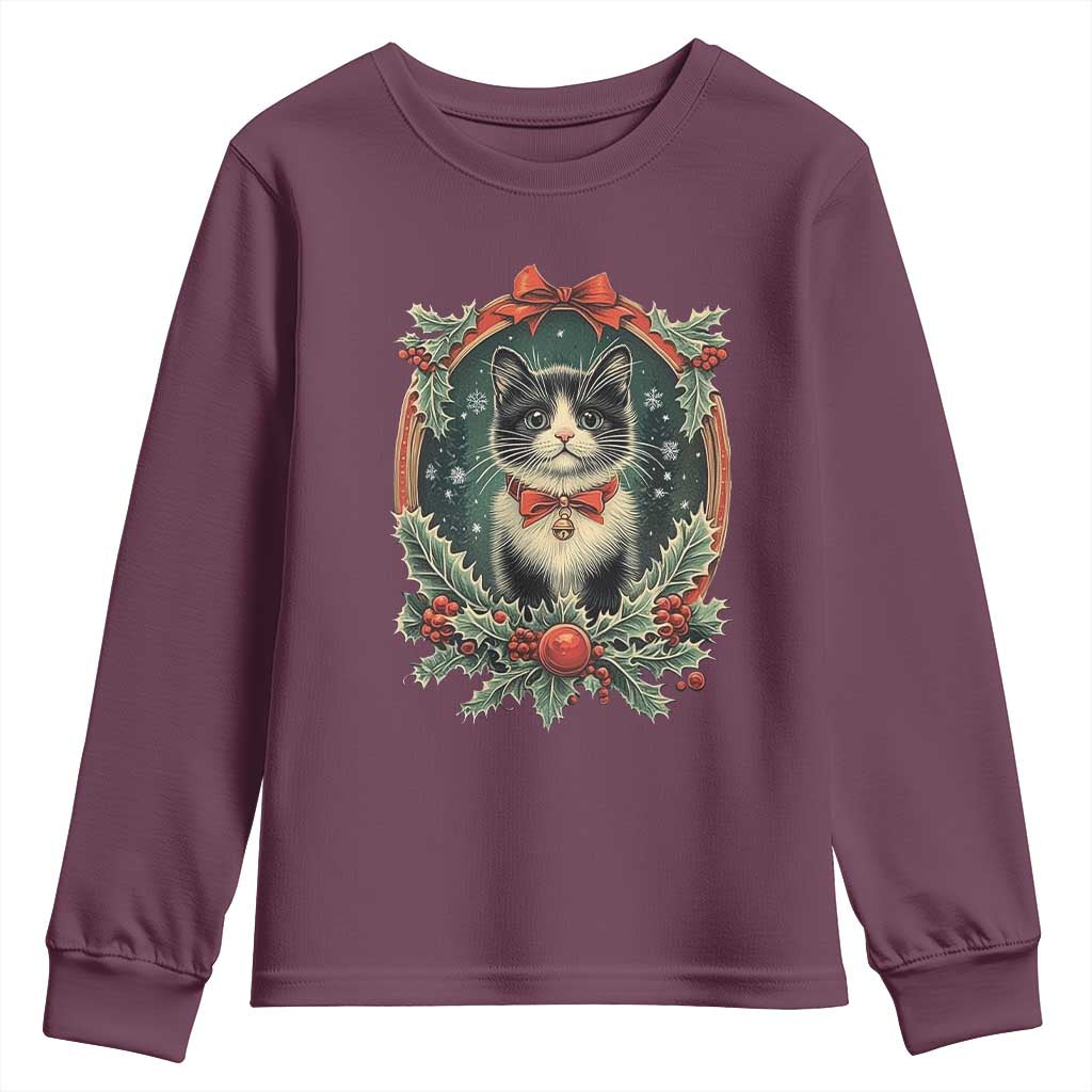 Christmas Cat Youth Sweatshirt Vintage Kitten Royal Holly Victorian Wreath TS09 Maroon Print Your Wear