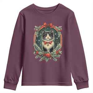 Christmas Cat Youth Sweatshirt Vintage Kitten Royal Holly Victorian Wreath TS09 Maroon Print Your Wear