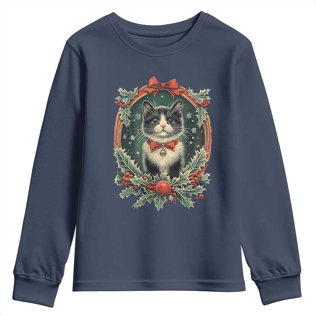 Christmas Cat Youth Sweatshirt Vintage Kitten Royal Holly Victorian Wreath TS09 Navy Print Your Wear