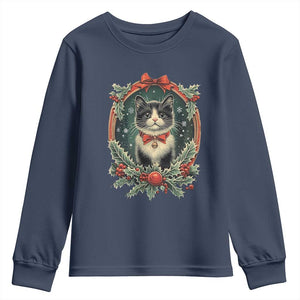 Christmas Cat Youth Sweatshirt Vintage Kitten Royal Holly Victorian Wreath TS09 Navy Print Your Wear