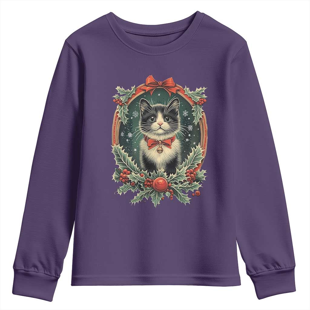 Christmas Cat Youth Sweatshirt Vintage Kitten Royal Holly Victorian Wreath TS09 Purple Print Your Wear