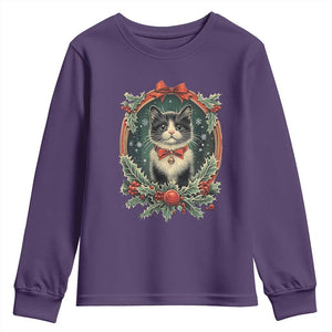 Christmas Cat Youth Sweatshirt Vintage Kitten Royal Holly Victorian Wreath TS09 Purple Print Your Wear