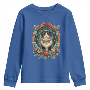 Christmas Cat Youth Sweatshirt Vintage Kitten Royal Holly Victorian Wreath TS09 Royal Blue Print Your Wear