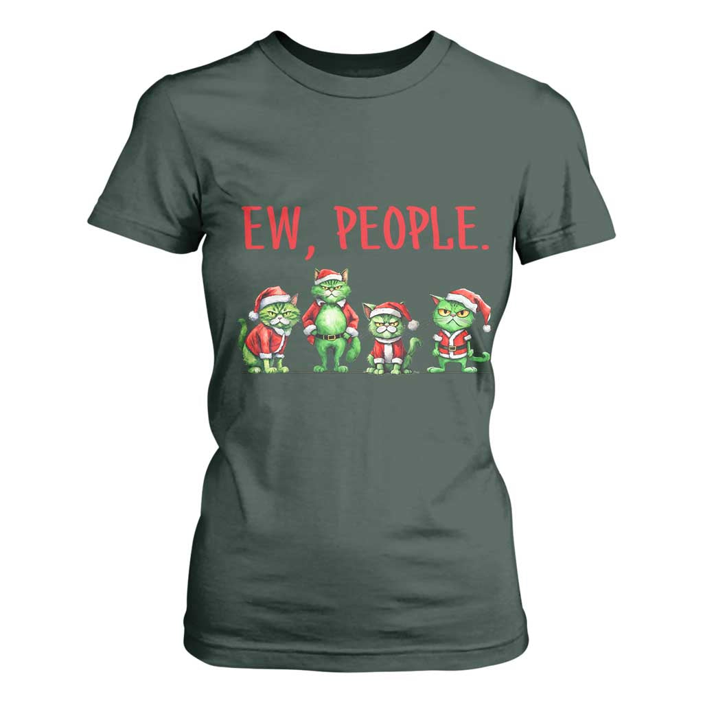Funny Christmas Cat T Shirt For Women Ew People Green Cat Santa TS09 Dark Forest Green Print Your Wear