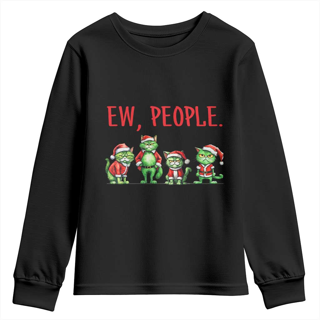 Funny Christmas Cat Youth Sweatshirt Ew People Green Cat Santa TS09 Black Print Your Wear