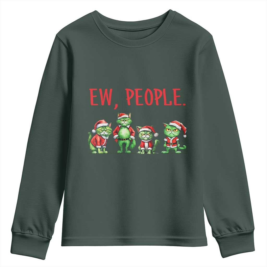Funny Christmas Cat Youth Sweatshirt Ew People Green Cat Santa TS09 Dark Forest Green Print Your Wear